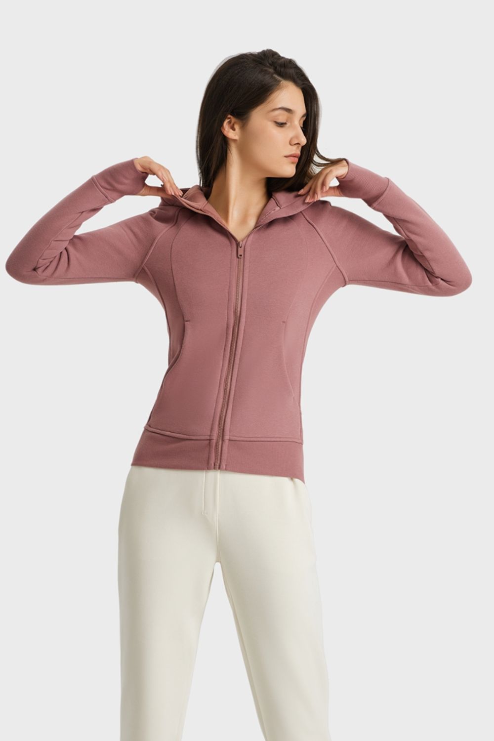 Zip Up Hooded Long Sleeve Thumbhole Fitted Sports Jacket