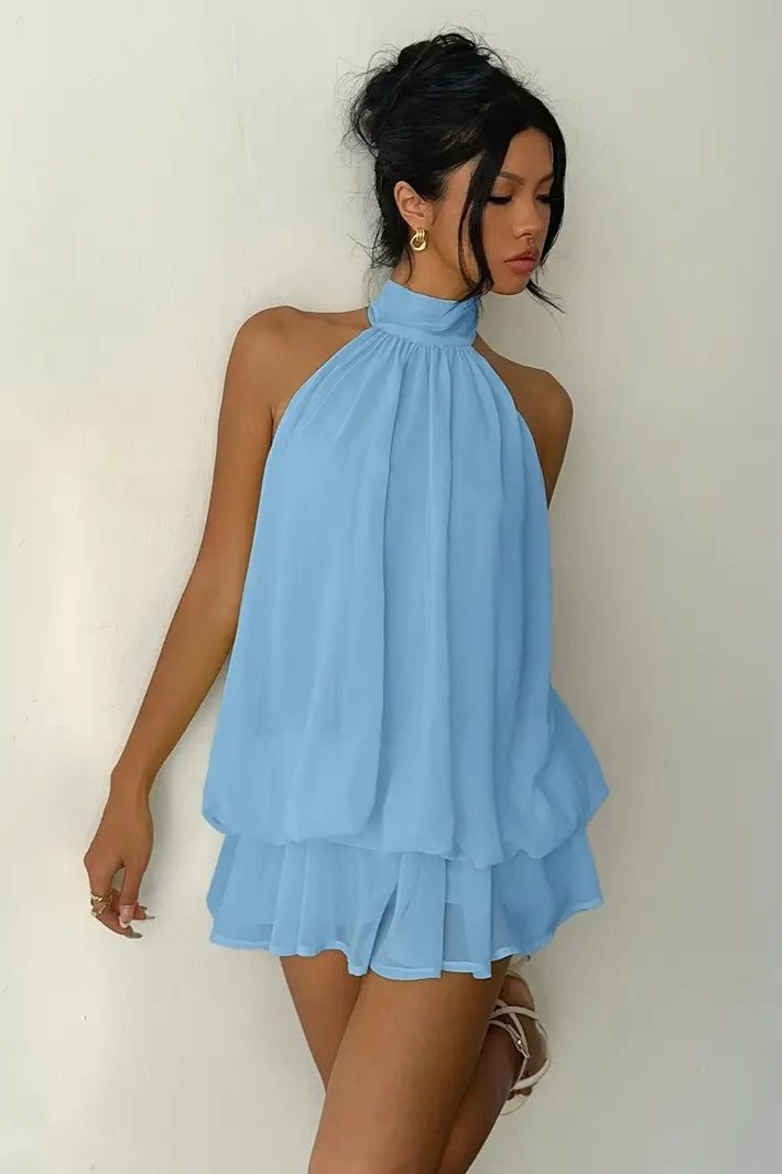 Backless Halter Tie Waist Ruffled Bodycon Mini Dress 12