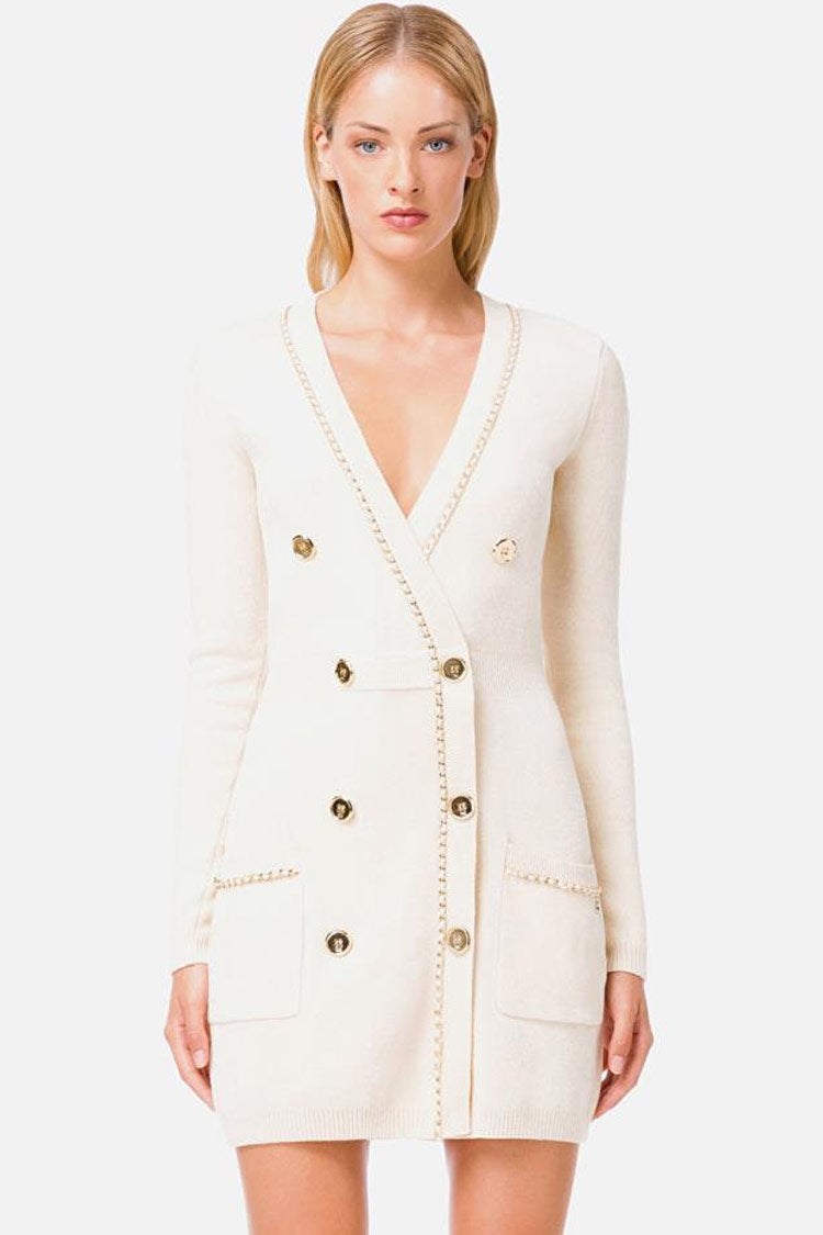 Cream Deep V-Neck Gold Button Chain Trim Knit Sweater Mini Dress