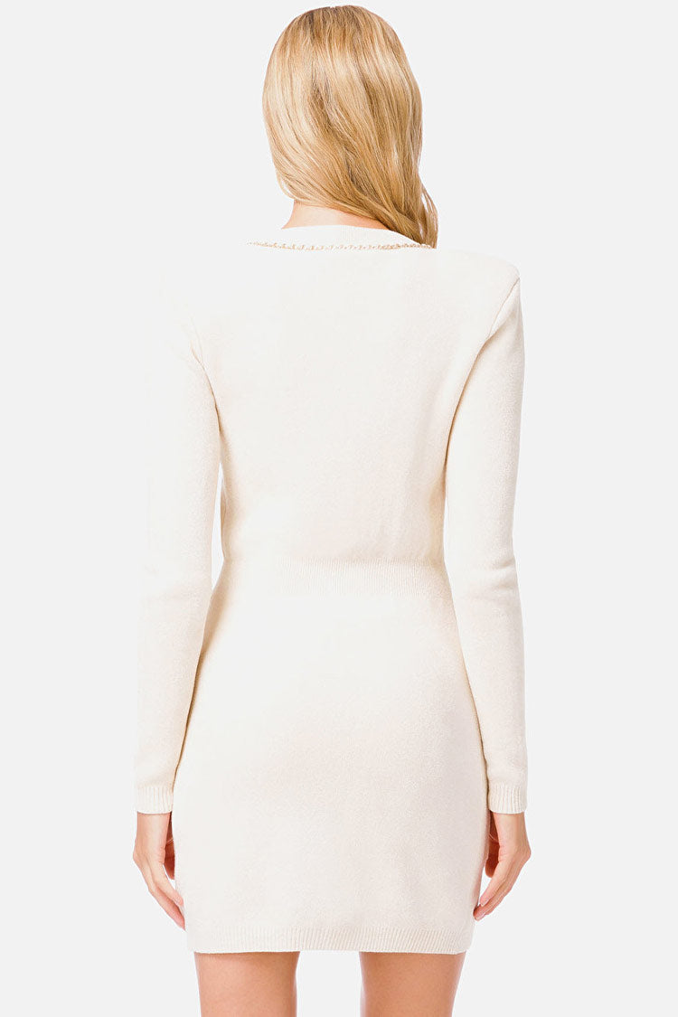 Cream Deep V-Neck Gold Button Chain Trim Knit Sweater Mini Dress