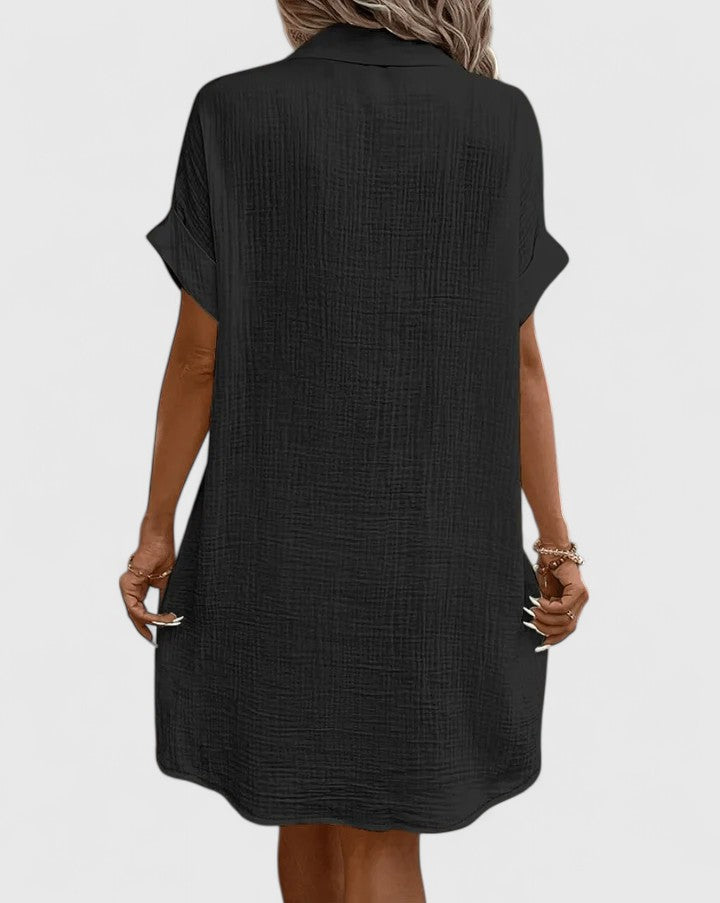 Collared Textured Cotton Short Sleeve Patch Pocket Shift Midi Dress 5