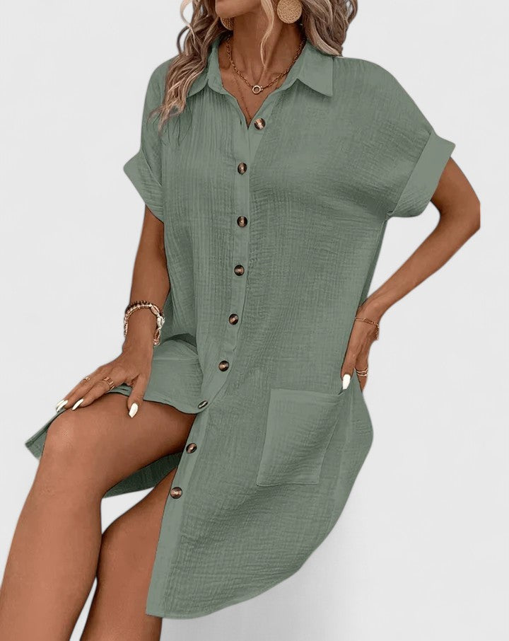Collared Textured Cotton Short Sleeve Patch Pocket Shift Midi Dress 7