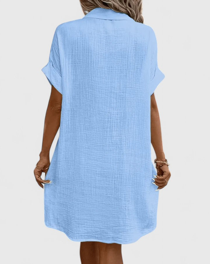 Collared Textured Cotton Short Sleeve Patch Pocket Shift Midi Dress 9