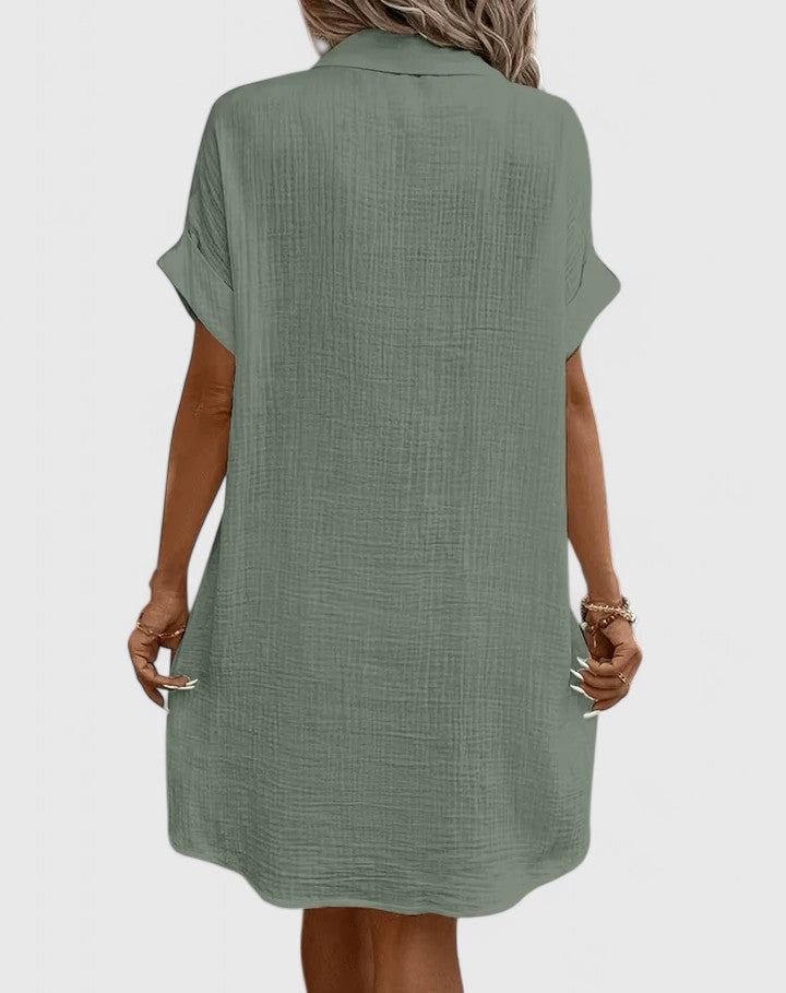 Collared Textured Cotton Short Sleeve Patch Pocket Shift Midi Dress 10