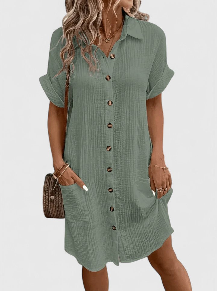 Collared Textured Cotton Short Sleeve Patch Pocket Shift Midi Dress 11
