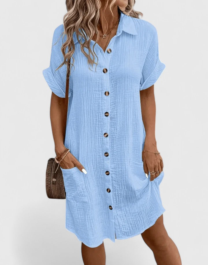 Collared Textured Cotton Short Sleeve Patch Pocket Shift Midi Dress 2