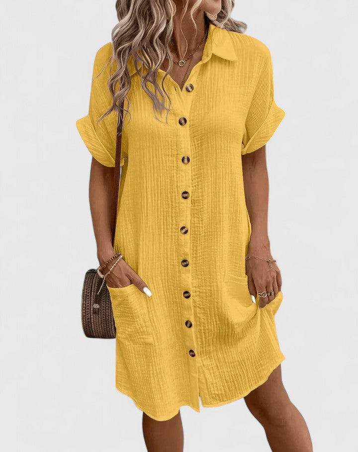 Collared Textured Cotton Short Sleeve Patch Pocket Shift Midi Dress 3