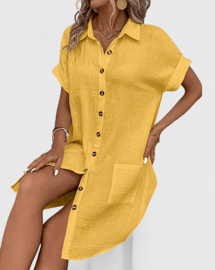 Collared Textured Cotton Short Sleeve Patch Pocket Shift Midi Dress