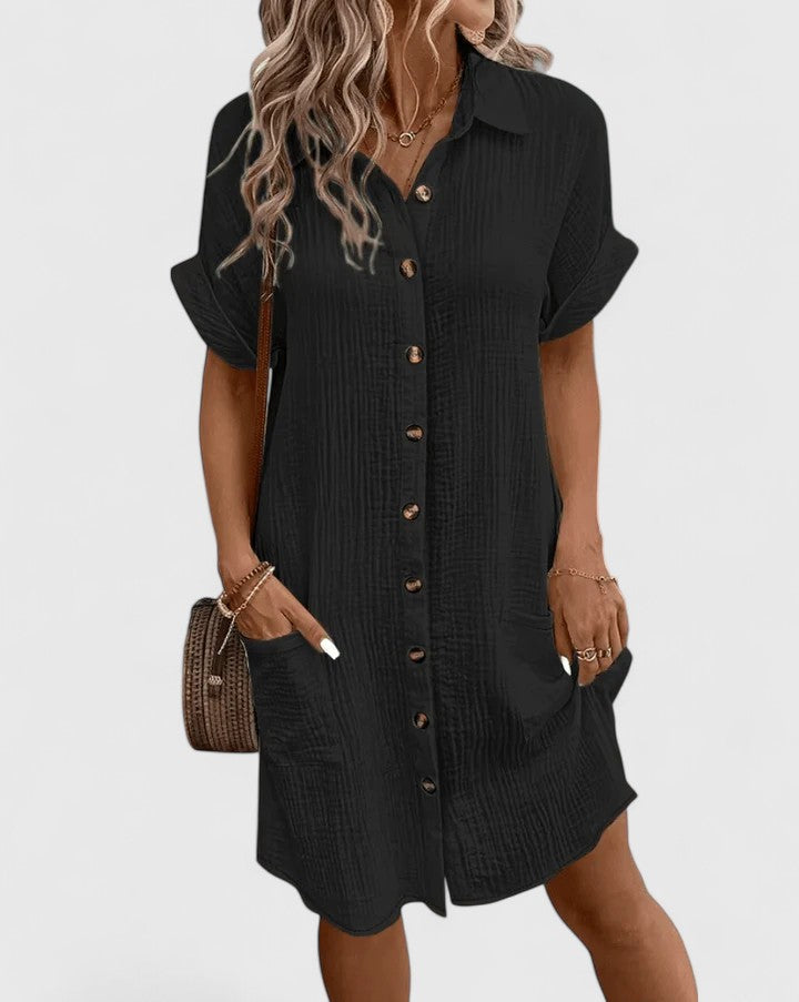 Collared Textured Cotton Short Sleeve Patch Pocket Shift Midi Dress 14