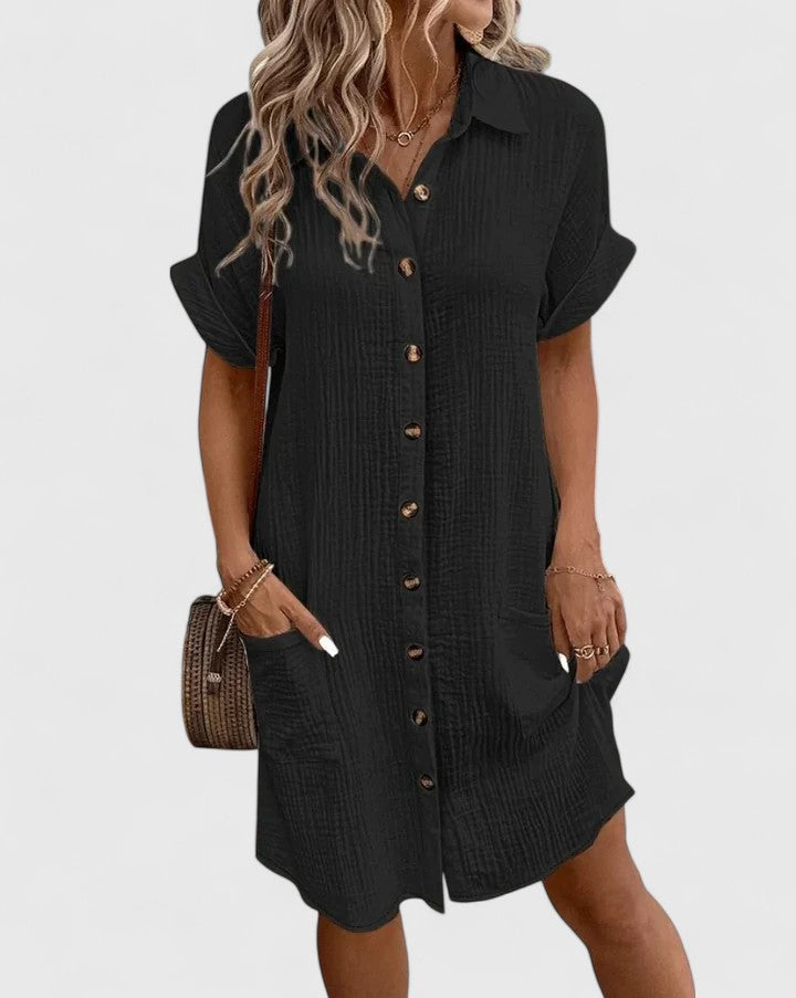 Collared Textured Cotton Short Sleeve Patch Pocket Shift Midi Dress 16