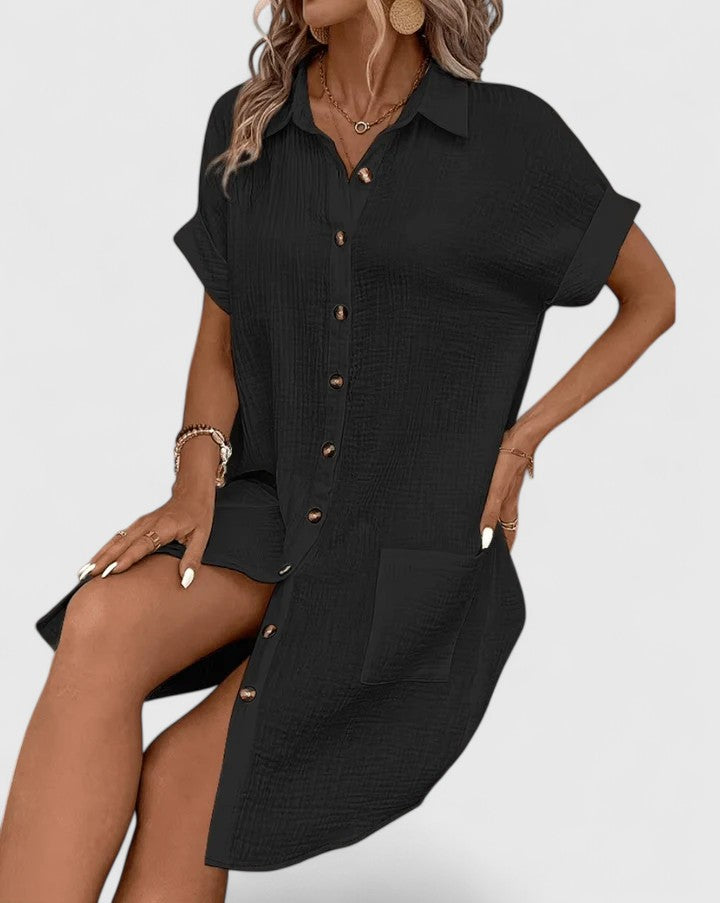 Collared Textured Cotton Short Sleeve Patch Pocket Shift Midi Dress 4