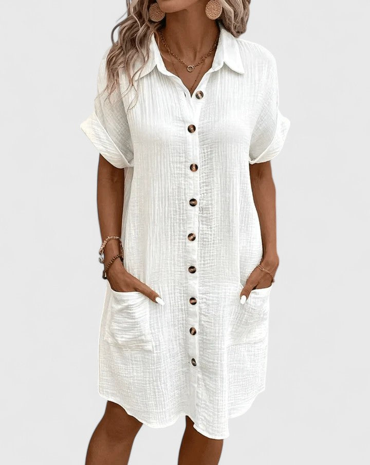 Collared Textured Cotton Short Sleeve Patch Pocket Shift Midi Dress 17