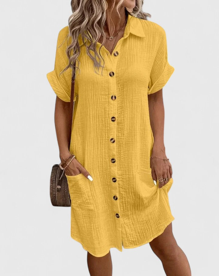 Collared Textured Cotton Short Sleeve Patch Pocket Shift Midi Dress 18