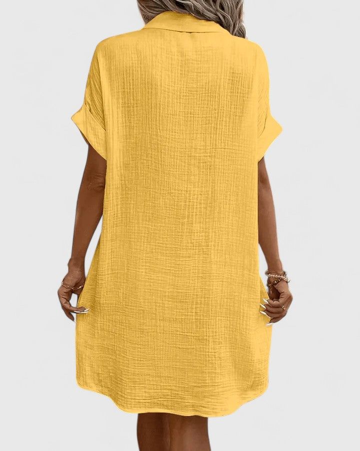 Collared Textured Cotton Short Sleeve Patch Pocket Shift Midi Dress 19