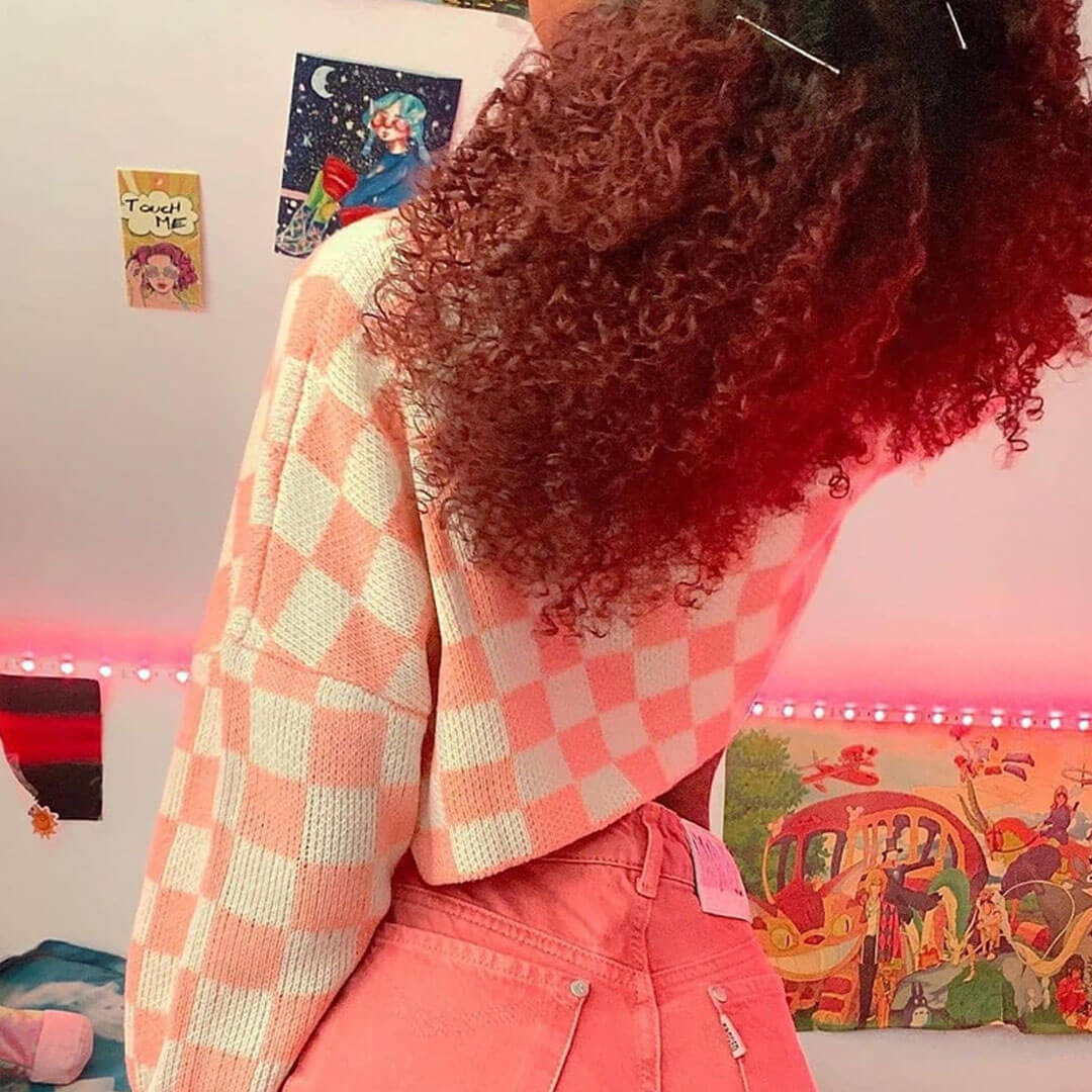Pink Crew Neck Checkerboard Pattern Long Sleeve Cropped Sweater