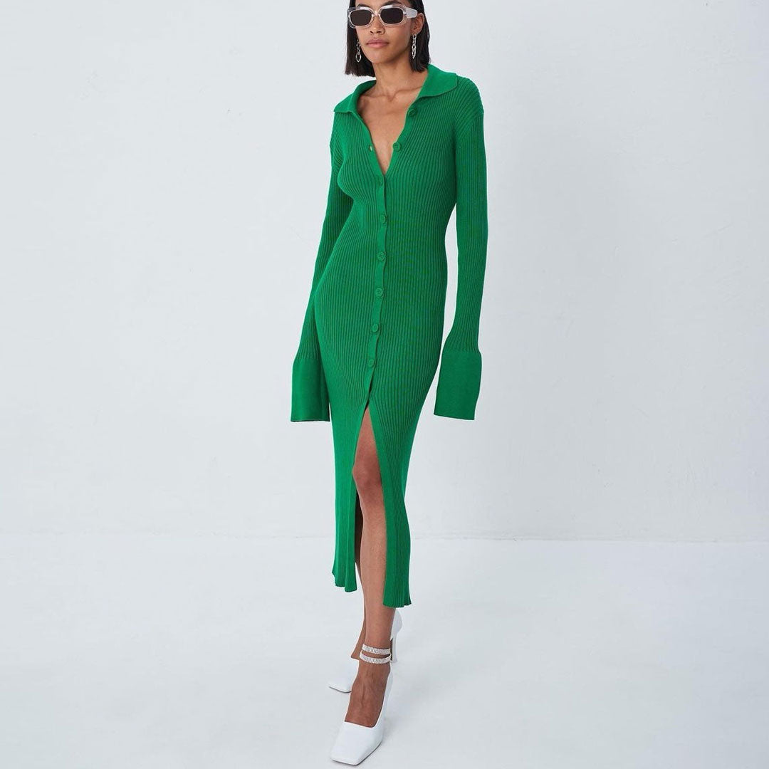Green Collared Button Front Ribbed Knit Front Slit Bodycon Midi Dress
