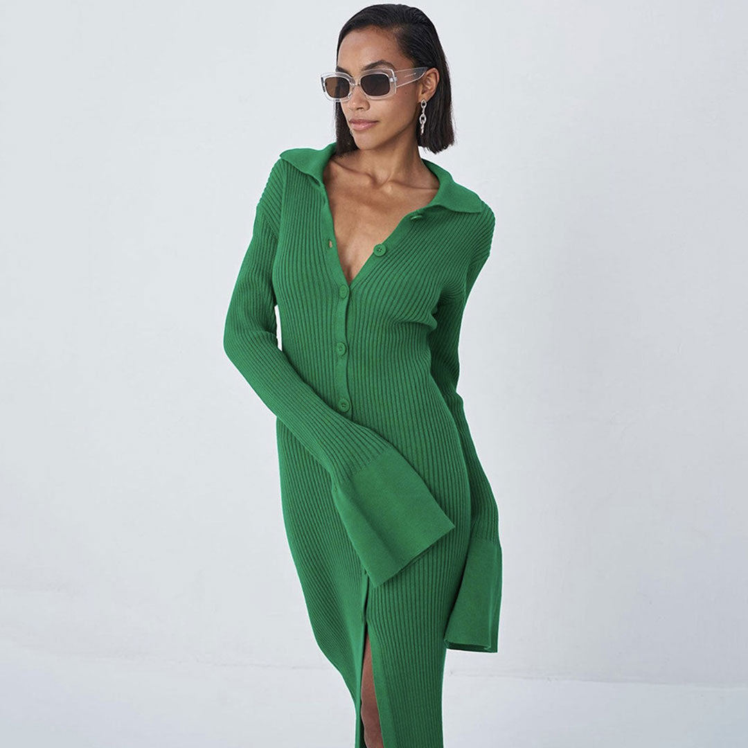 Green Collared Button Front Ribbed Knit Front Slit Bodycon Midi Dress