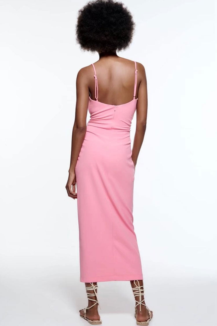 Pink Cowl Neck Spaghetti Strap Ruched Tie Side Slit Slip Midi Dress