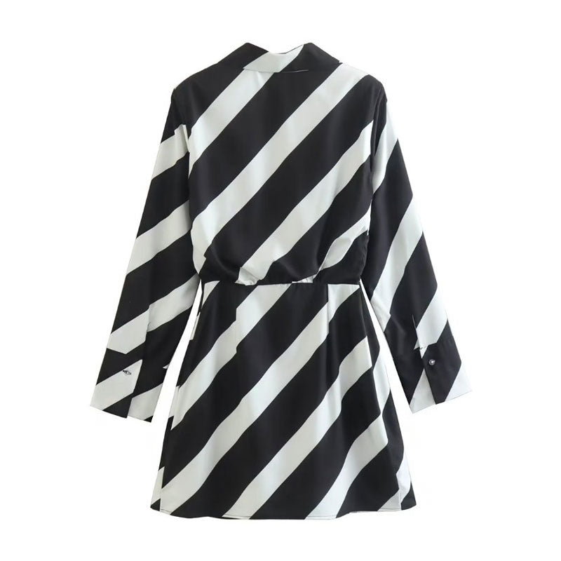 Black Collared Deep V Diagonal Stripe Long Sleeve Wrap Mini Dress
