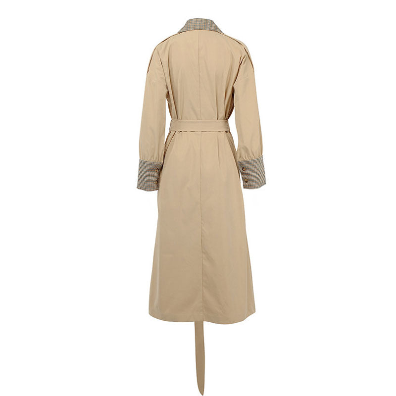 Khaki Notch Lapel Plaid Contrast Belted Double Breasted Trench Coat