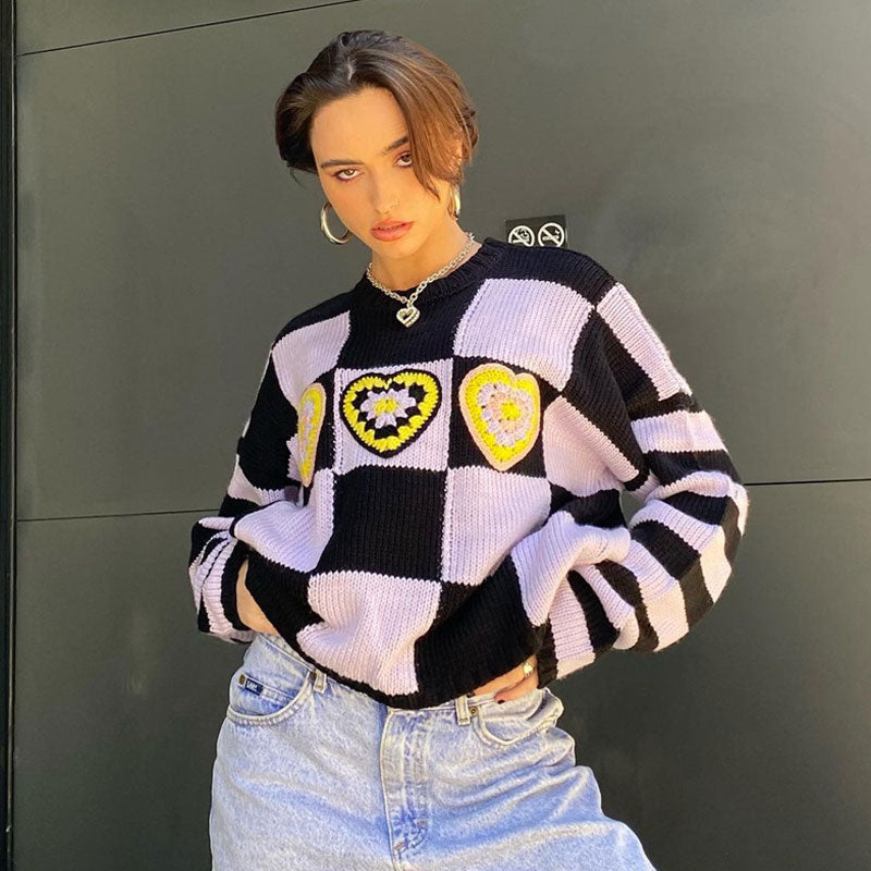 Purple Crew Neck Checkerboard Heart Motif Drop Shoulder Knit Sweater