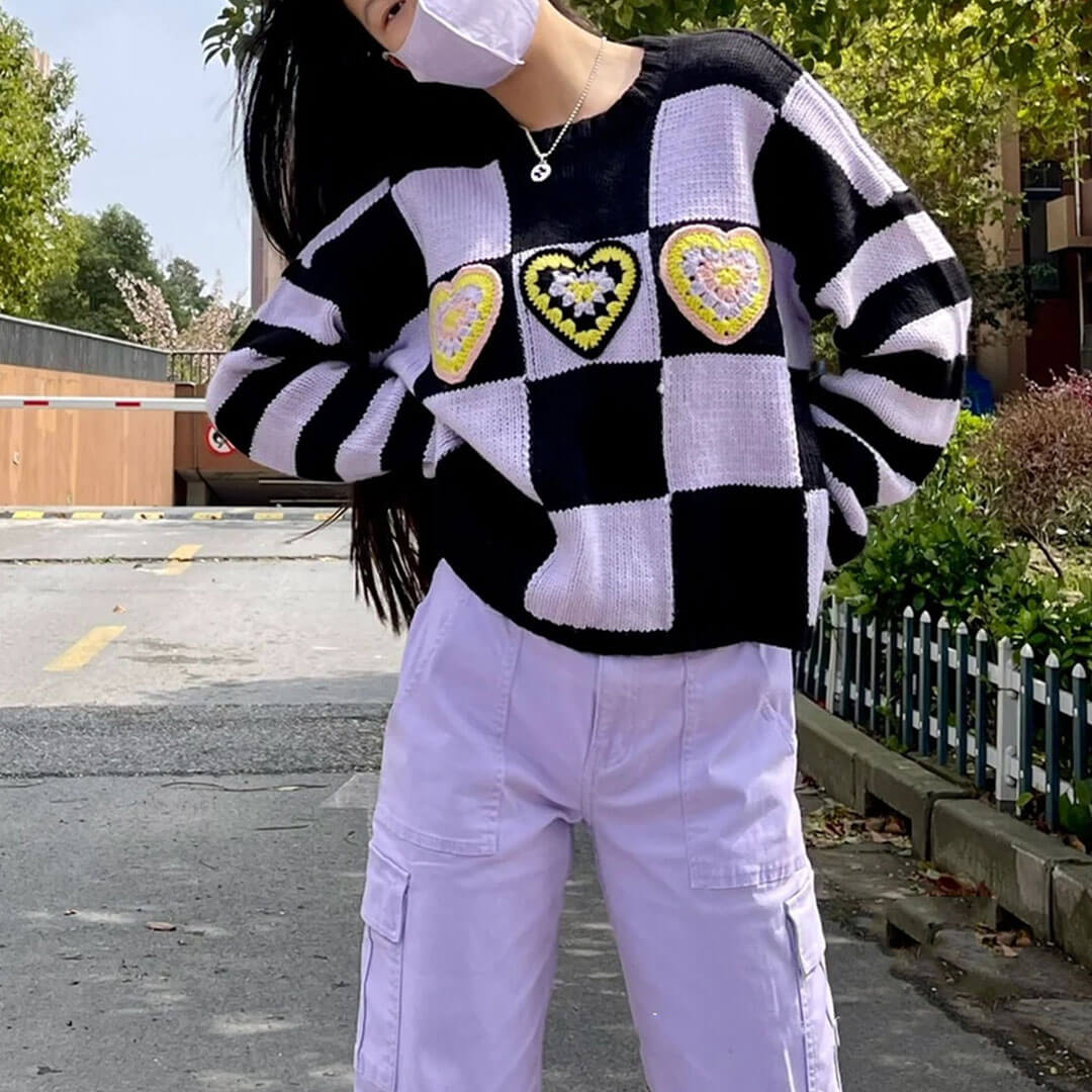 Purple Crew Neck Checkerboard Heart Motif Drop Shoulder Knit Sweater