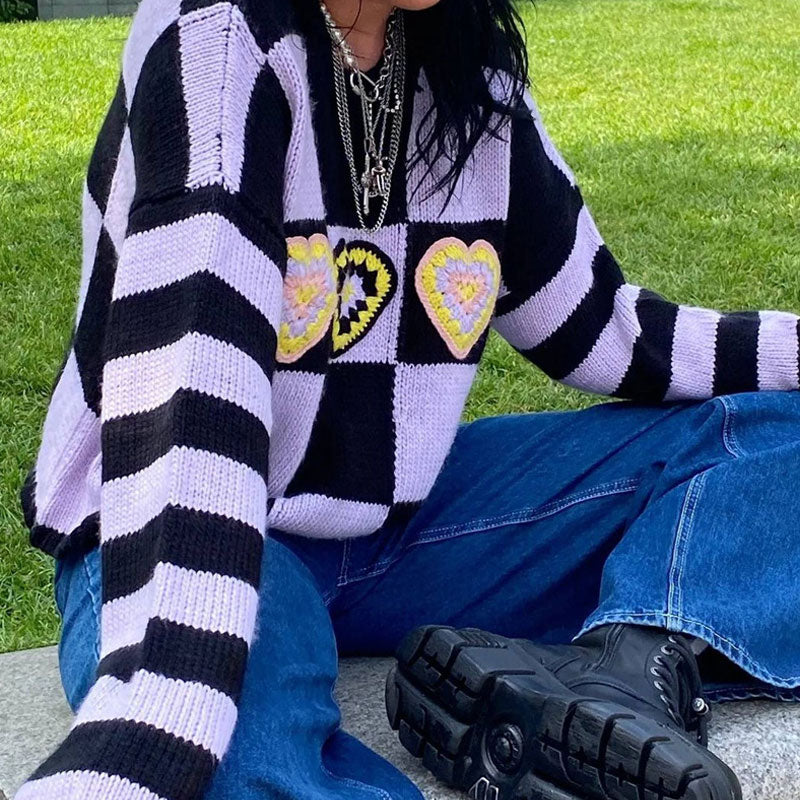 Purple Crew Neck Checkerboard Heart Motif Drop Shoulder Knit Sweater