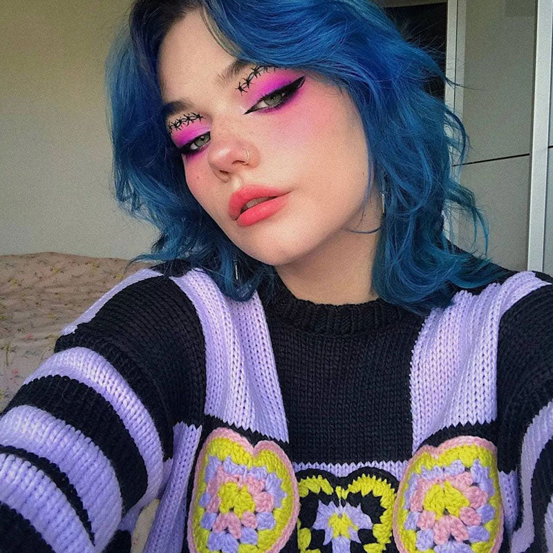 Purple Crew Neck Checkerboard Heart Motif Drop Shoulder Knit Sweater