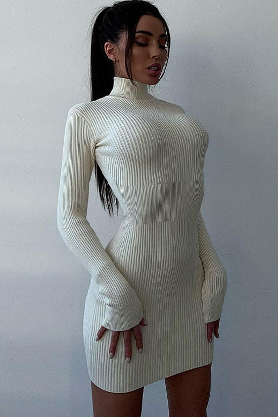 White High Neck Long Sleeve Ribbed Knit Bodycon Sweater Mini Dress