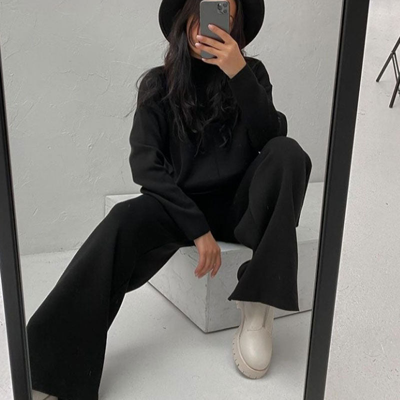 Black Mock Neck Knit Pullover Sweater Wide Leg Pants Set