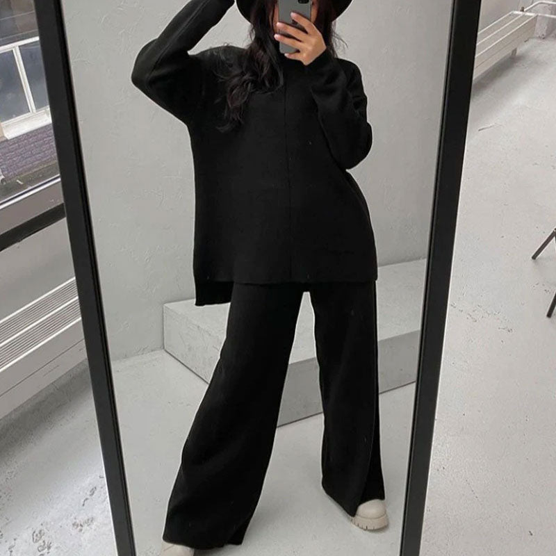 Black Mock Neck Knit Pullover Sweater Wide Leg Pants Set