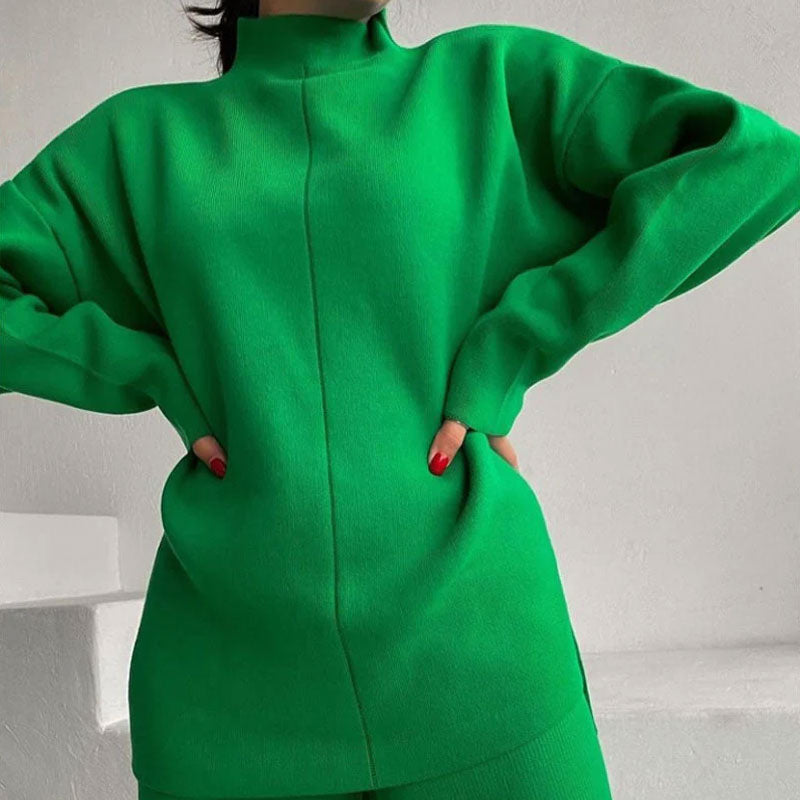 Green Mock Neck Knit Pullover Sweater Wide Leg Pants Set