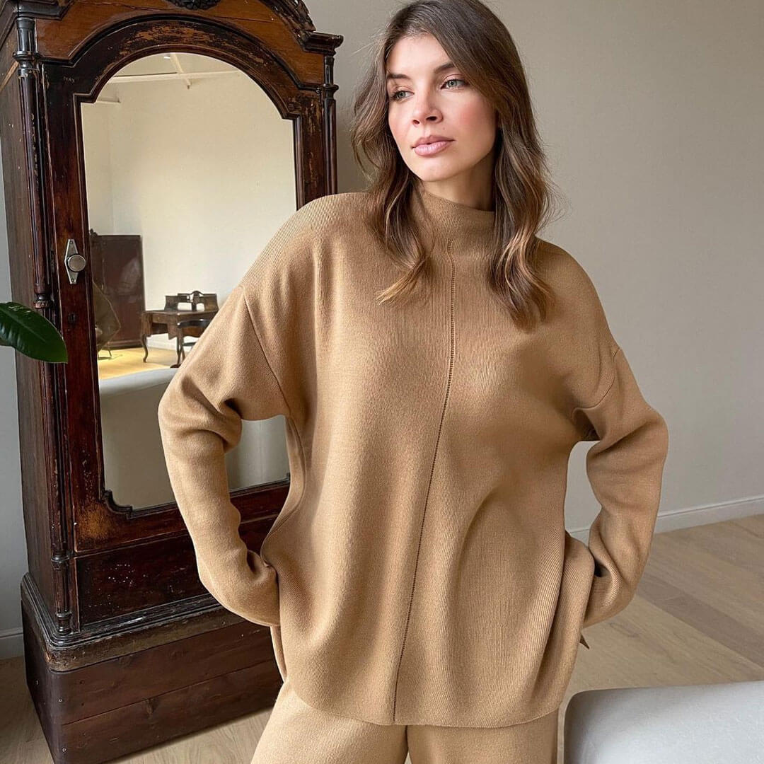 Khaki Mock Neck Knit Pullover Sweater Wide Leg Pants Set