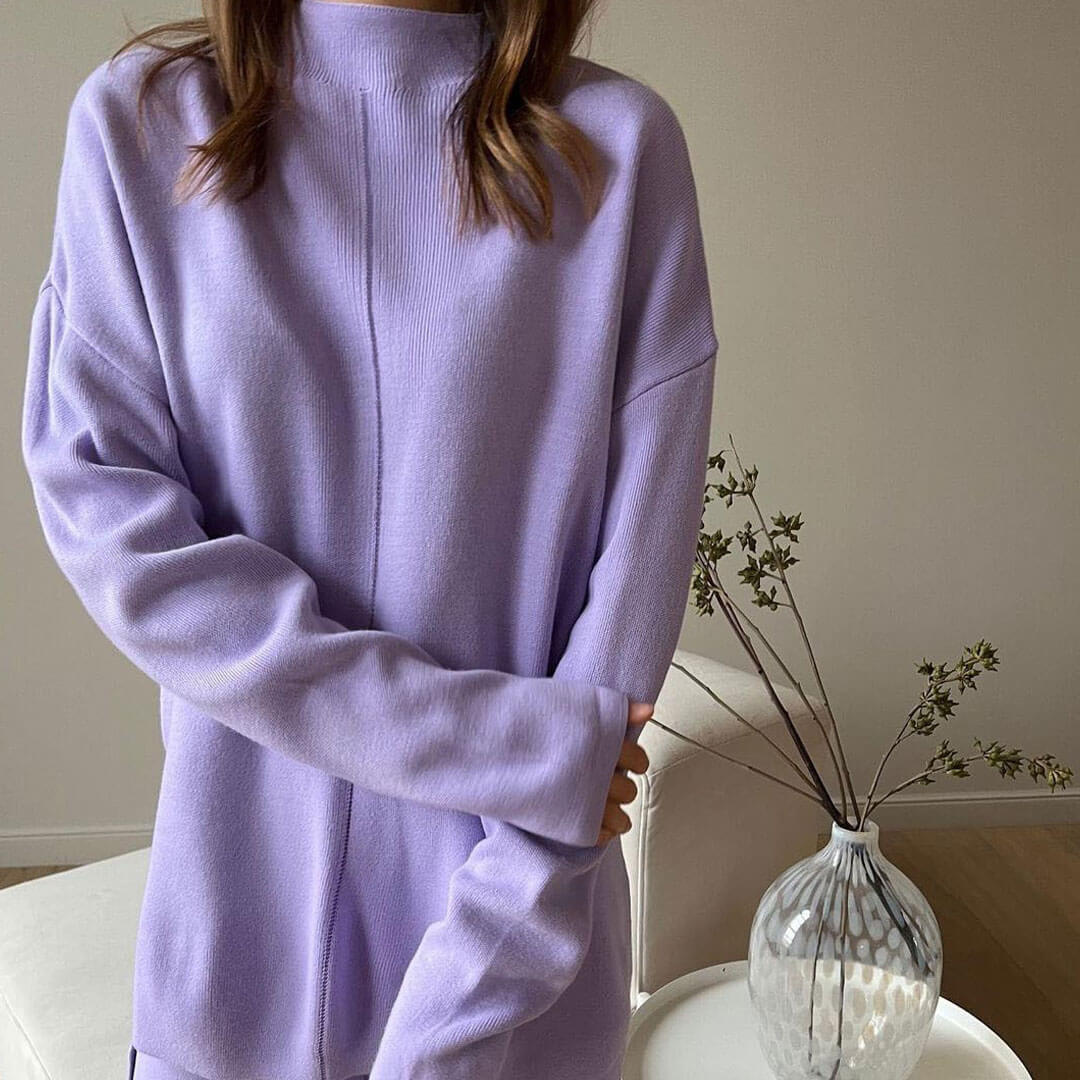 Purple High Neck Rib Knit Pullover Sweater Wide Leg Pants Set