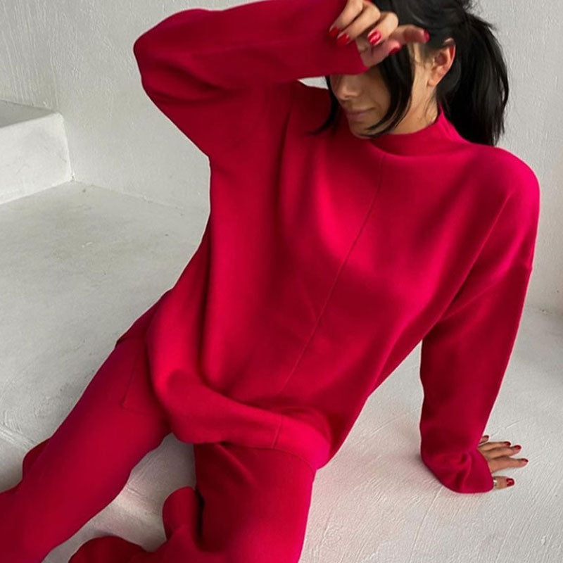 Red High Neck Rib Knit Pullover Sweater Wide Leg Pants Set