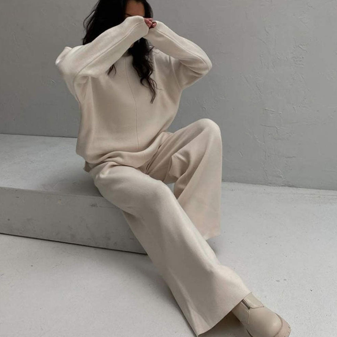 Beige Mock Neck Knit Pullover Sweater Wide Leg Pants Set