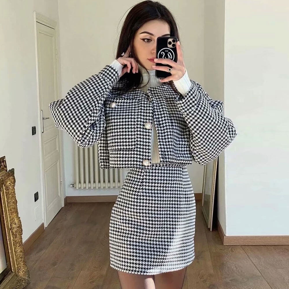 Black Houndstooth Tweed Pearl Button Cropped Jacket Mini Skirt Set