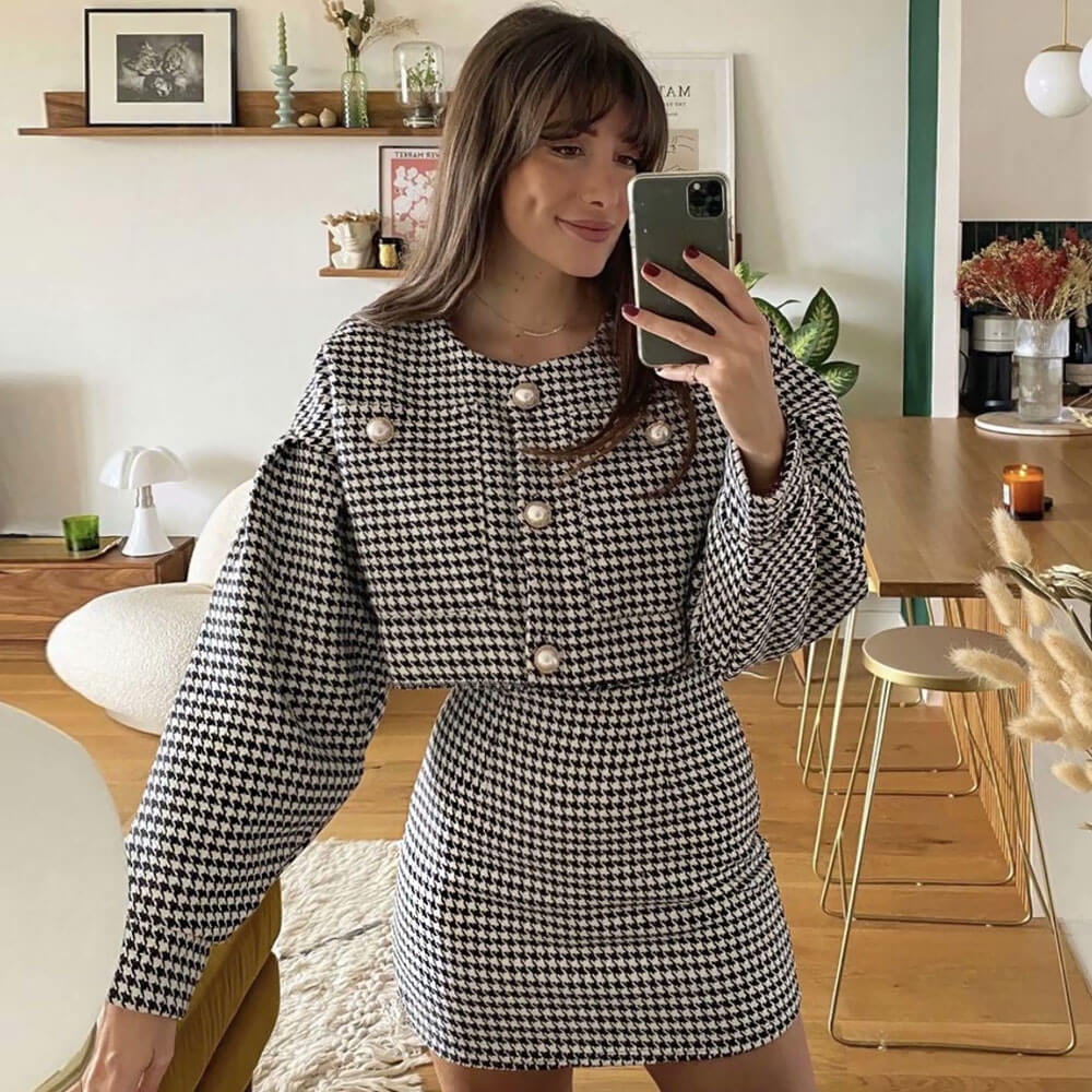 Black Houndstooth Tweed Pearl Button Cropped Jacket Mini Skirt Set