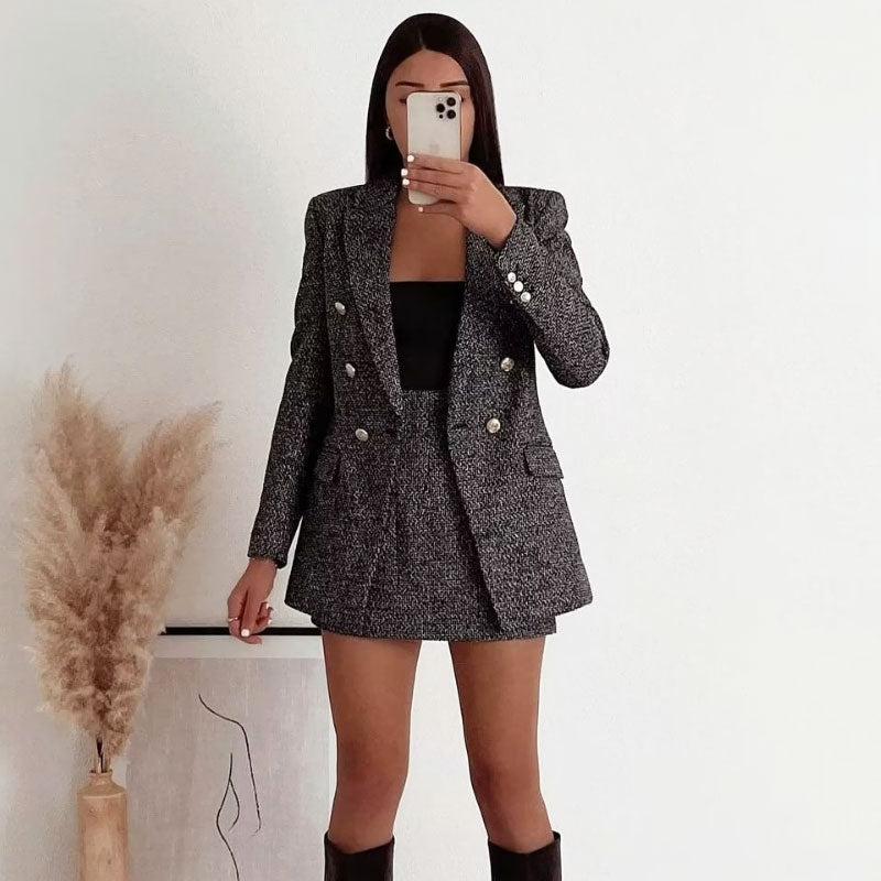 Gray Lapel Collar Double Breasted Long Sleeve Tweed Blazer