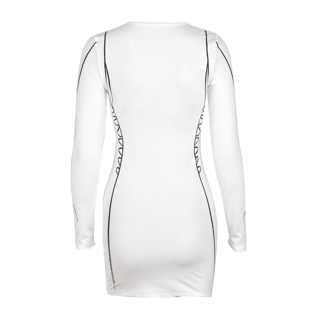 White Crew Neck Long Sleeve Contour Stitch Bodycon Mini Dress