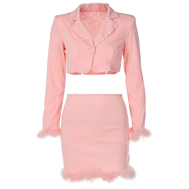 Pink Long Sleeve Feather Trim Crop Blazer Mini Skirt Set 3