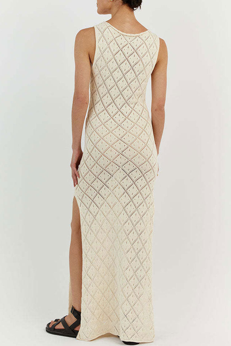 Beige Round Neck Pointelle Crochet Knit High Slit Bodycon Midi Dress