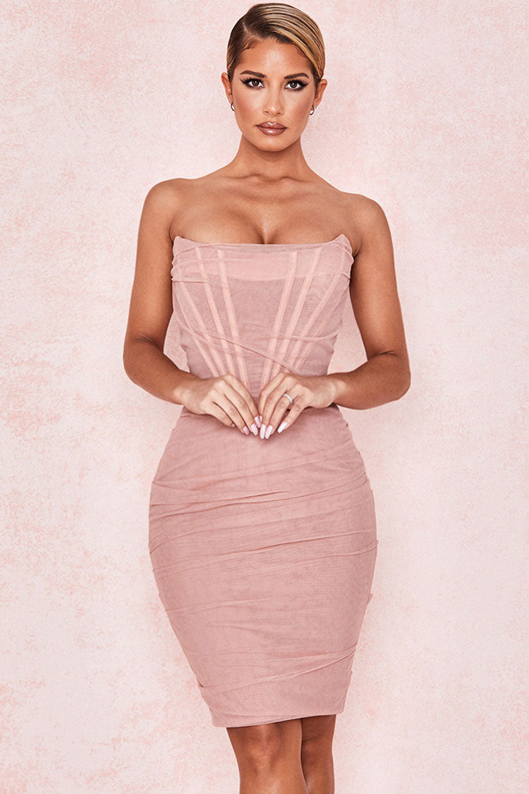 Pink Strapless Mesh Corset Ruched Bodycon Midi Dress