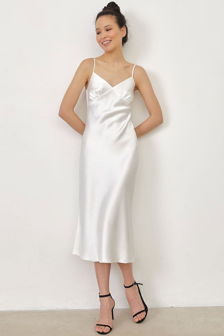 Beige Spaghetti Strap V-Neck Satin Slip Bias Cut Midi Dress