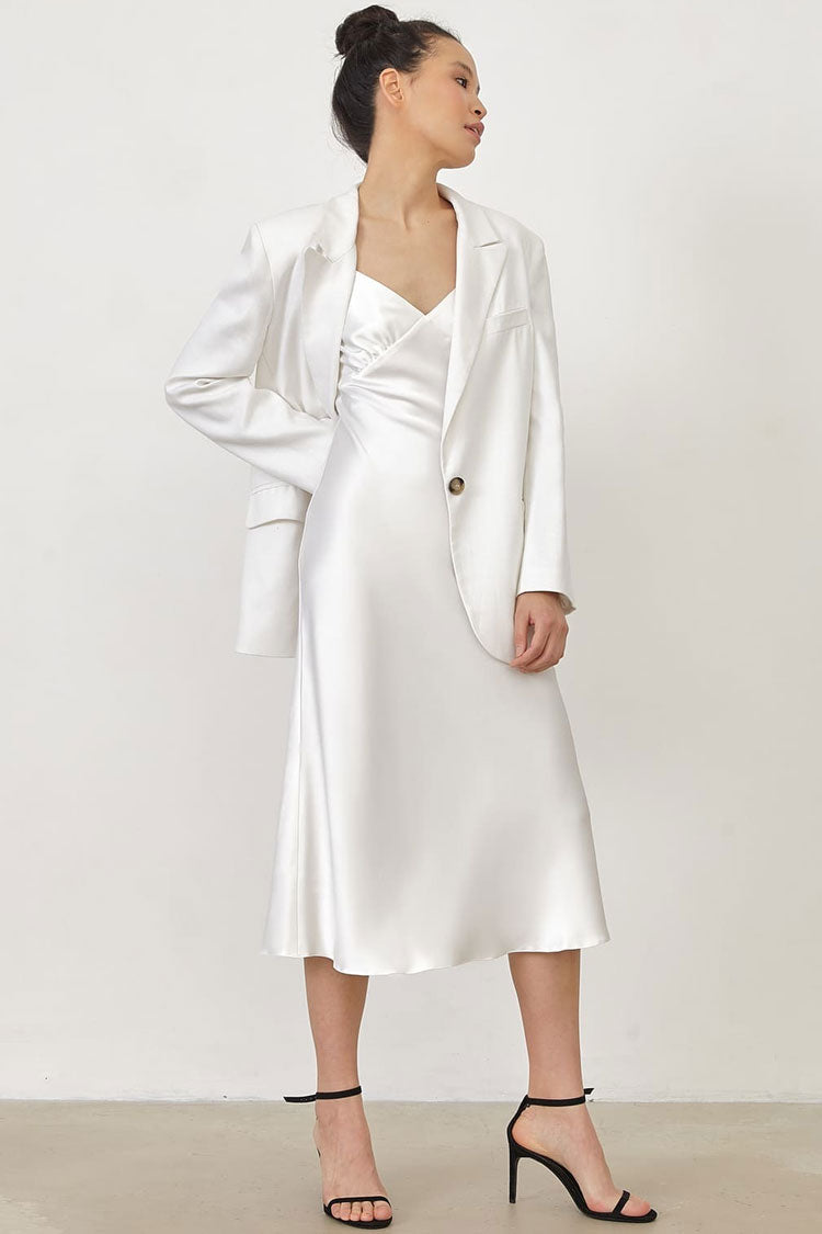 Beige Spaghetti Strap V-Neck Satin Slip Bias Cut Midi Dress