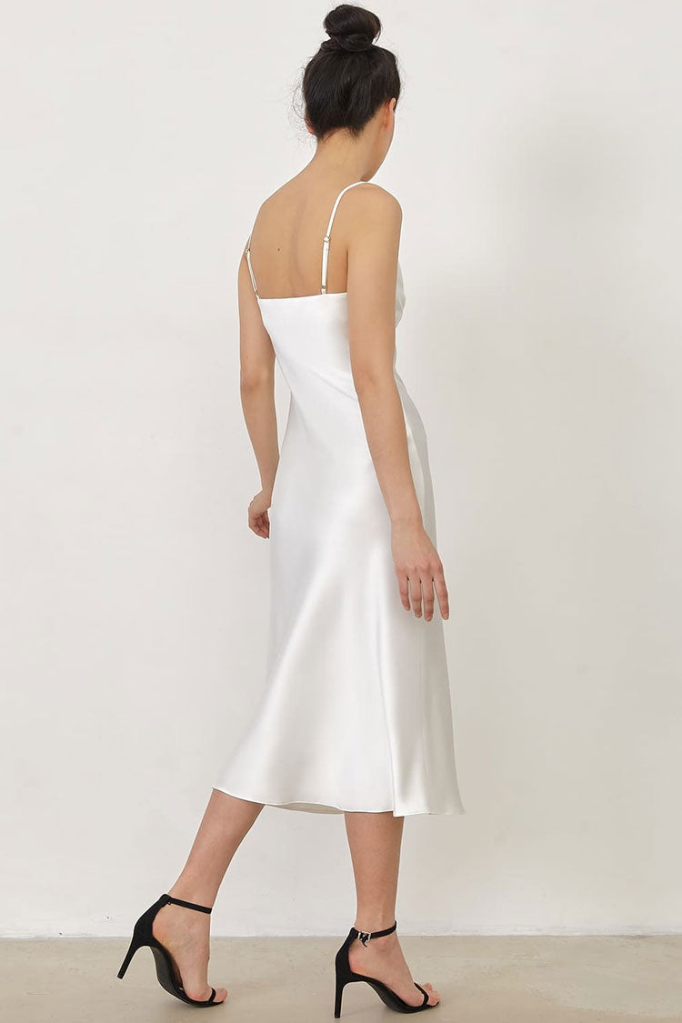 Beige Spaghetti Strap V-Neck Satin Slip Bias Cut Midi Dress