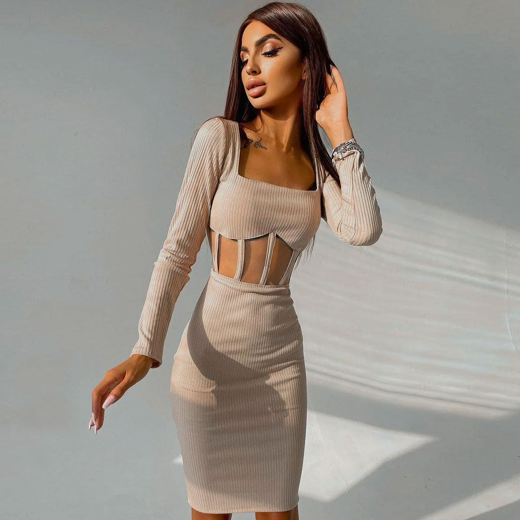 Beige Square Neck Long Sleeve Ribbed Mesh Panel Corset Bodycon Midi Dress