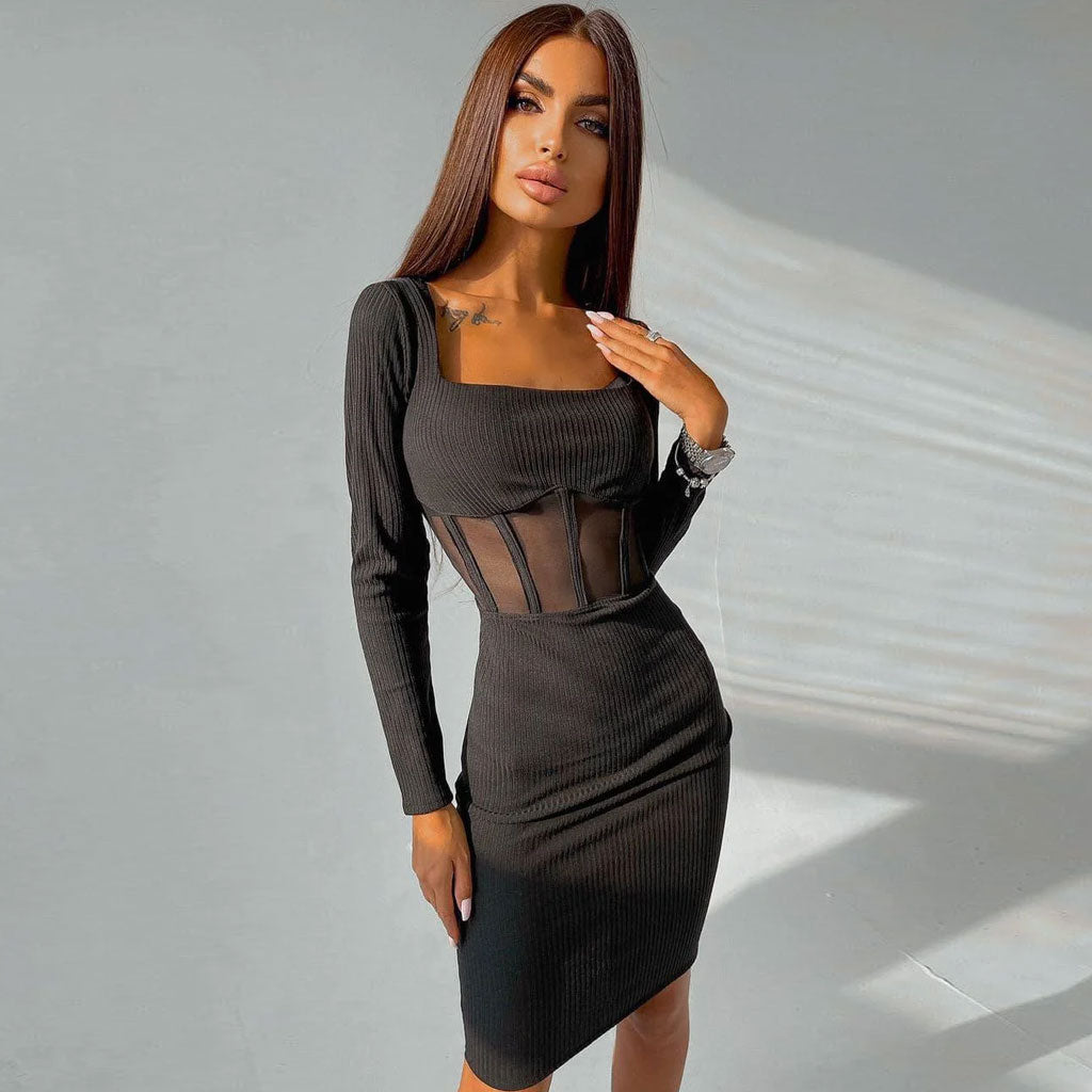 Black Square Neck Long Sleeve Ribbed Mesh Panel Corset Bodycon Midi Dress