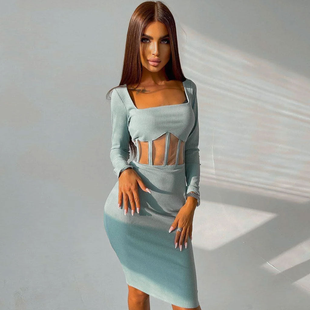 Teal Square Neck Long Sleeve Ribbed Mesh Panel Corset Bodycon Midi Dress 2