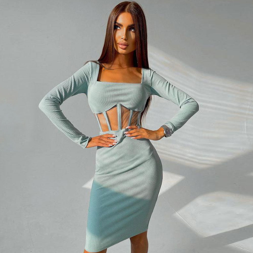 Teal Square Neck Long Sleeve Ribbed Mesh Panel Corset Bodycon Midi Dress